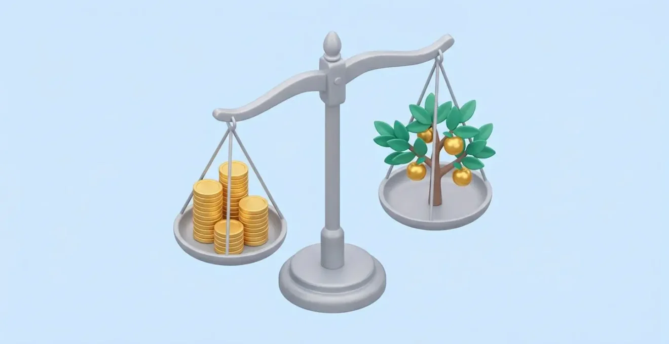 Illustration 3D d’une balance en équilibre avec des pièces d’or d’un côté et un arbre de croissance de l’autre, symbolisant l’équilibre entre sécurité et performance dans l’allocation d’actifs
